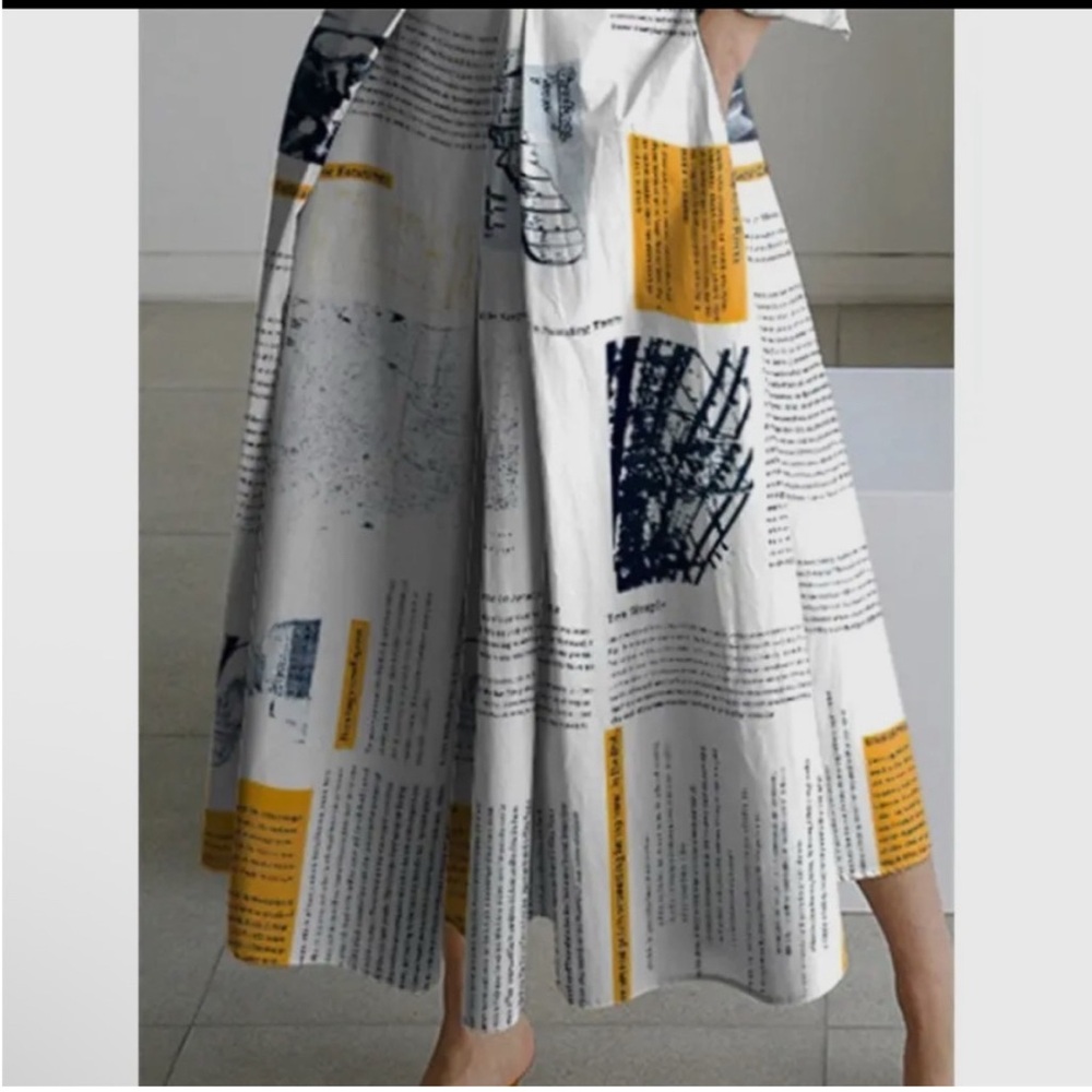 Stylish White, Blue and Yellow Newspaper Print Dress - Picture 3 of 3